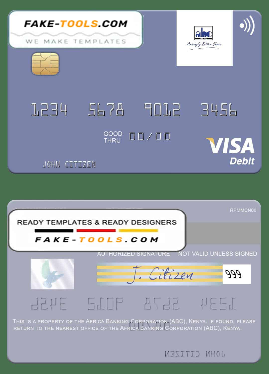 Africa Banking Corporation (ABC) Kenya visa card fully editable template in PSD format Africa Banking Corporation (ABC) Kenya visa card fully editable template in PSD format