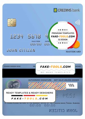 Albania Credins bank mastercard template in PSD format, fully editable