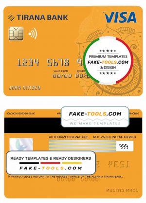 Albania Tirana bank visa card template in PSD format, fully editable