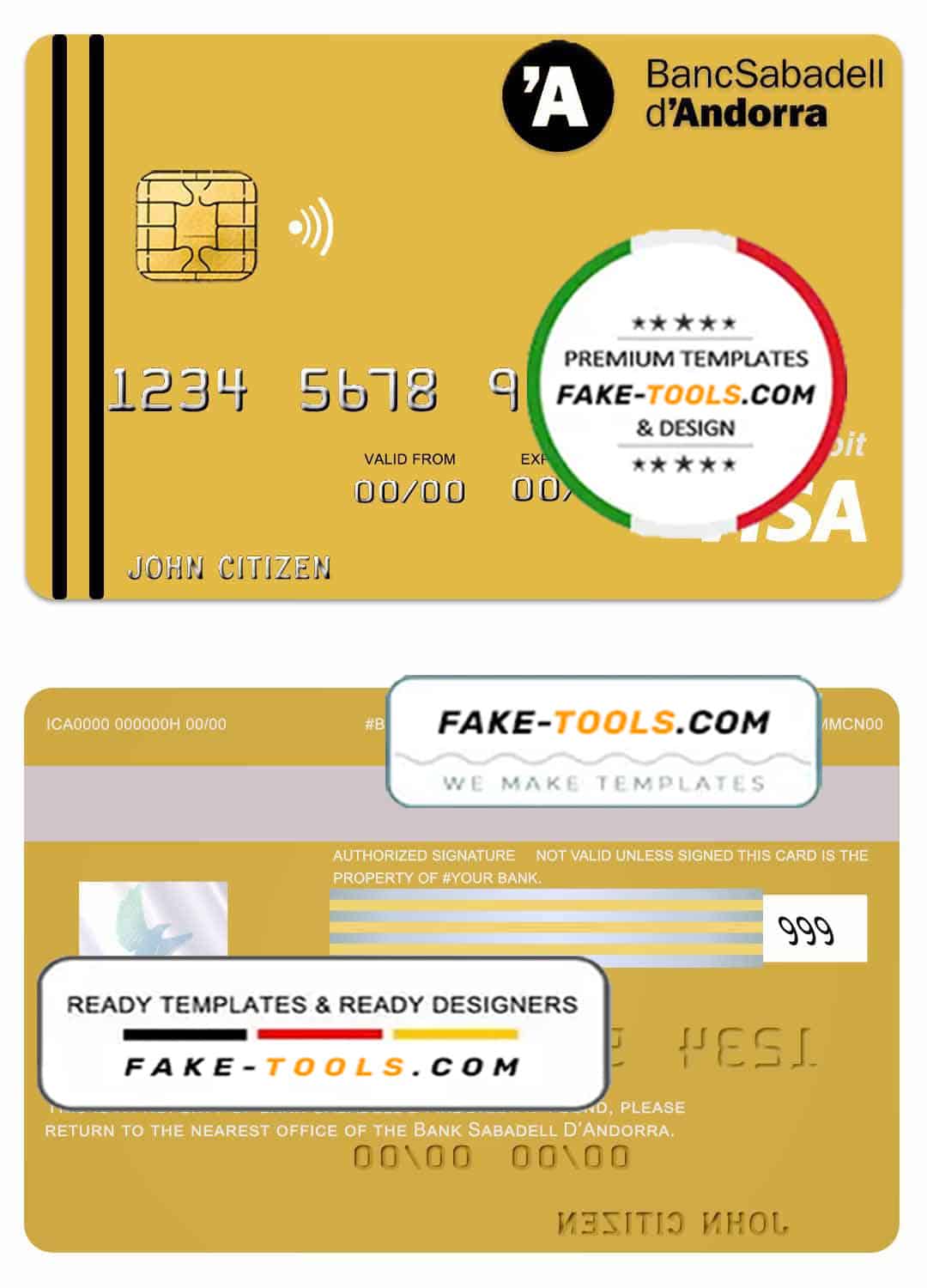 Andorra Bank Sabadell visa card debit card template in PSD format, fully editable Andorra Bank Sabadell visa card debit card template in PSD format, fully editable