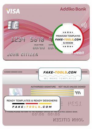 Austria Addiko bank visa card template in PSD format, fully editable