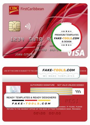 Bahamas First Caribbean bank visa debit card template in PSD format, fully editable