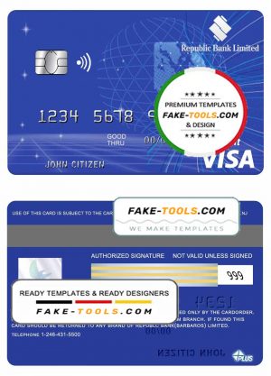 Barbados Republic Bank visa card template in PSD format, fully editable
