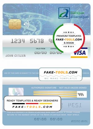 Benin Atlantique bank visa card template in PSD format, fully editable