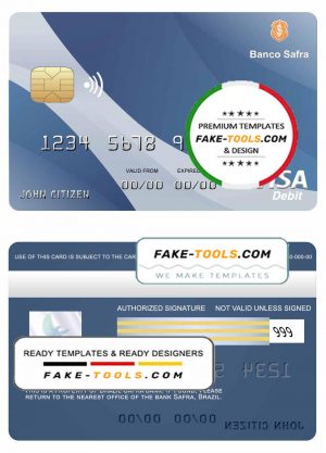 Brazil Safra bank visa credit card template in PSD format, fully editable