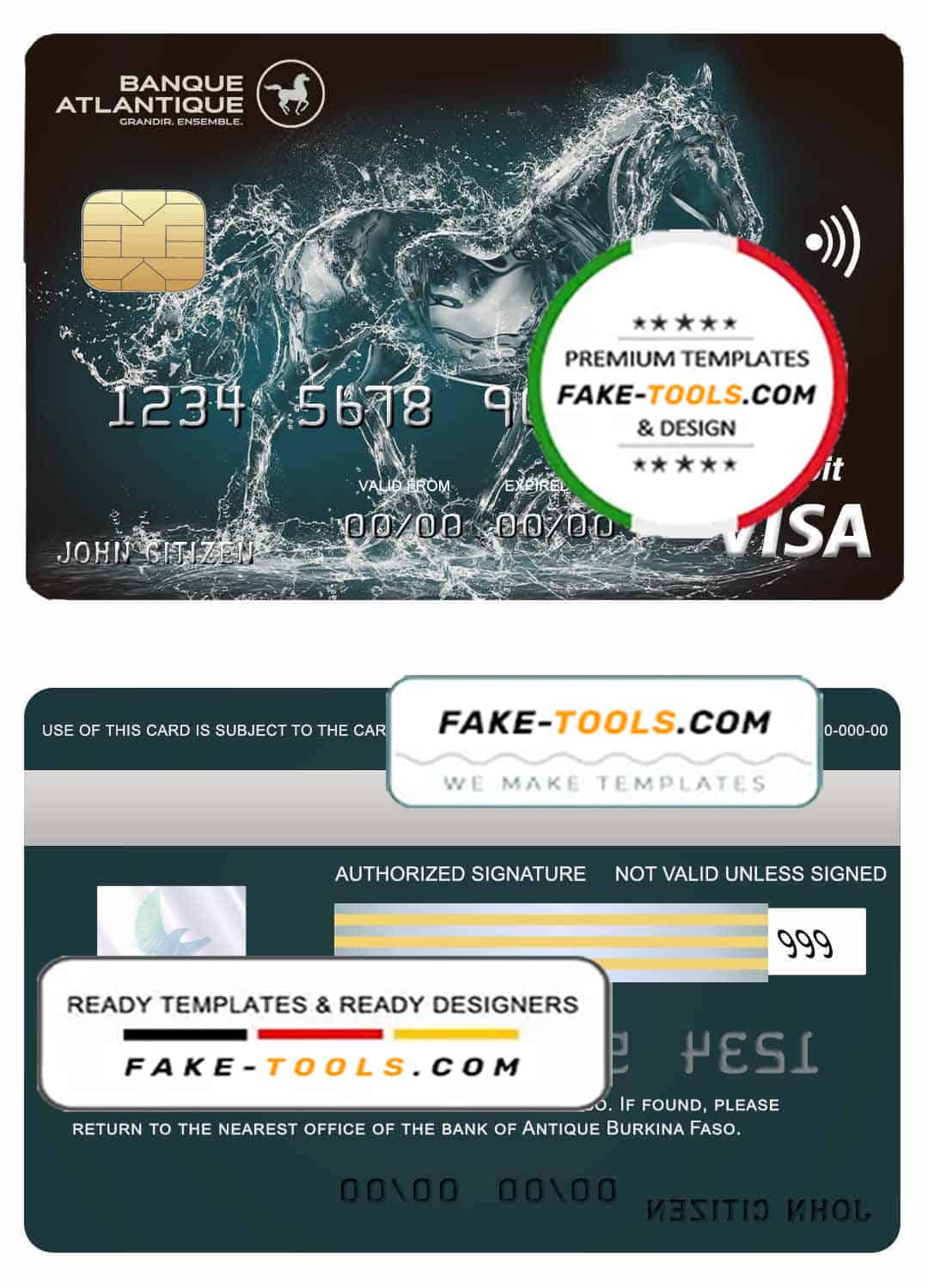 Burkina Faso Atlantique bank visa credit card template in PSD format Burkina Faso Atlantique bank visa credit card template in PSD format