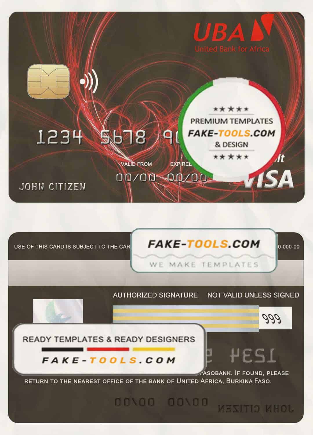 Burkina Faso United bank for Africa visa credit card template in PSD format, fully editable Burkina Faso United bank for Africa visa credit card template in PSD format, fully editable