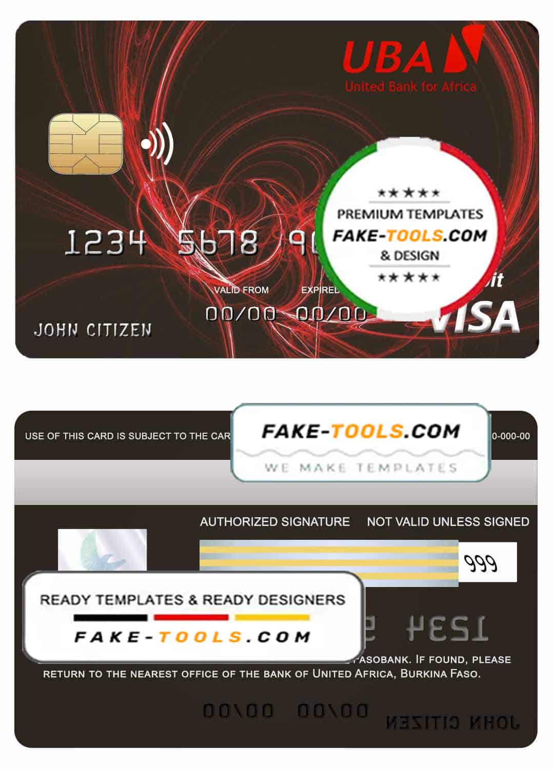 Burkina Faso United bank for Africa visa credit card template in PSD format, fully editable Burkina Faso United bank for Africa visa credit card template in PSD format, fully editable