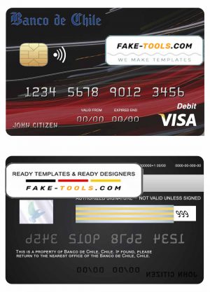 Chile Banco de Chile bank visa credit card template in PSD format, fully editable Chile Banco de Chile bank visa credit card template in PSD format, fully editable