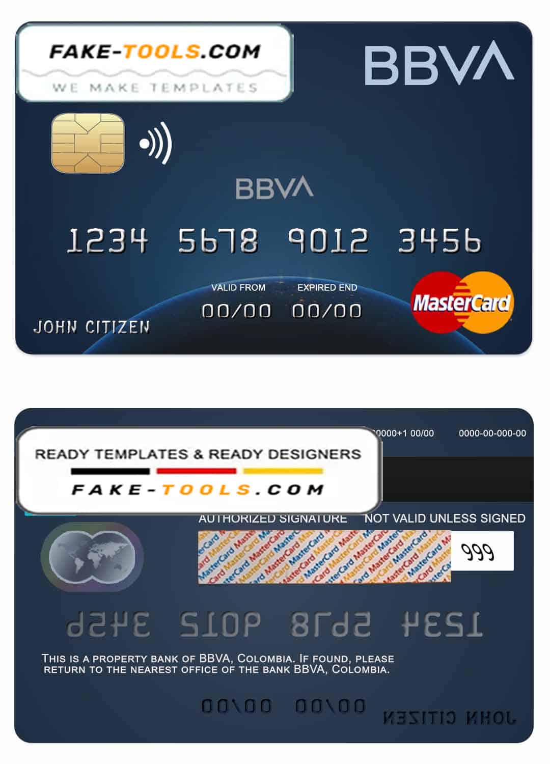 Colombia BBVA bank mastercard credit card template in PSD format, fully editable Colombia BBVA bank mastercard credit card template in PSD format, fully editable