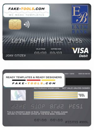 Comoros Exim bank visa debit card template in PSD format, fully editable Comoros Exim bank visa debit card template in PSD format, fully editable