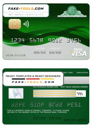 Comoros Sanduk bank visa credit card template in PSD format, fully editable Comoros Sanduk bank visa credit card template in PSD format, fully editable