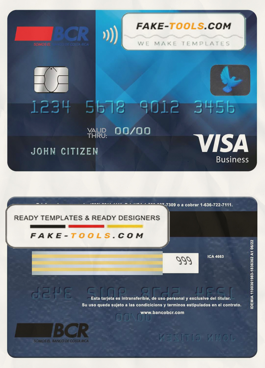 Costa Rica The Bank of Costa Rica bank visa business credit card template in PSD format Scan effect