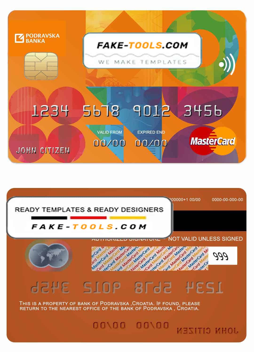 Croatia Podravska bank mastercard credit card template in PSD format, fully editable Croatia Podravska bank mastercard credit card template in PSD format, fully editable