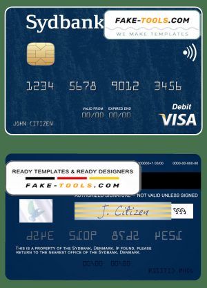 Denmark Sydbank visa debit card template in PSD format