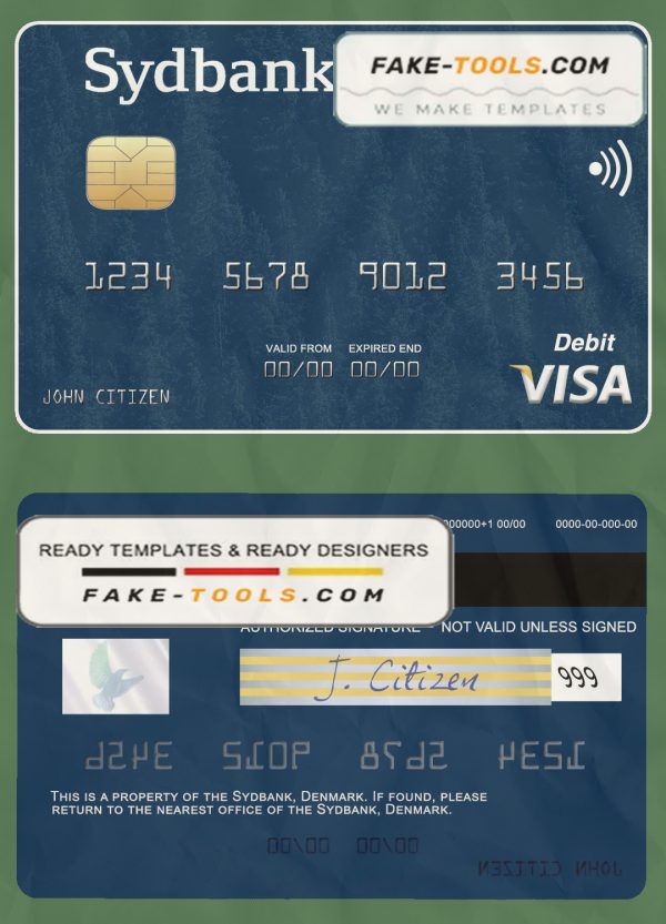 Denmark Sydbank visa debit card template in PSD format