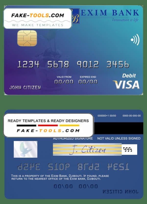 Djibouti Exim Bank visa debit card template in PSD format