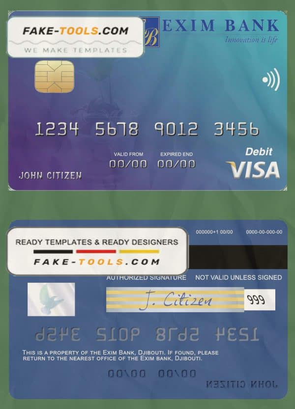 Djibouti Exim Bank visa debit card template in PSD format