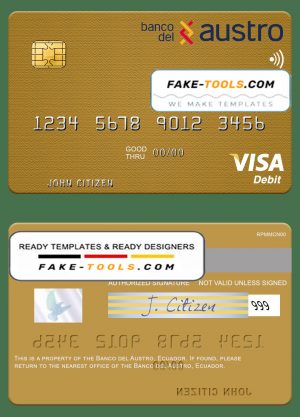 Ecuador Banco del Austro visa debit card mastercard template in PSD format