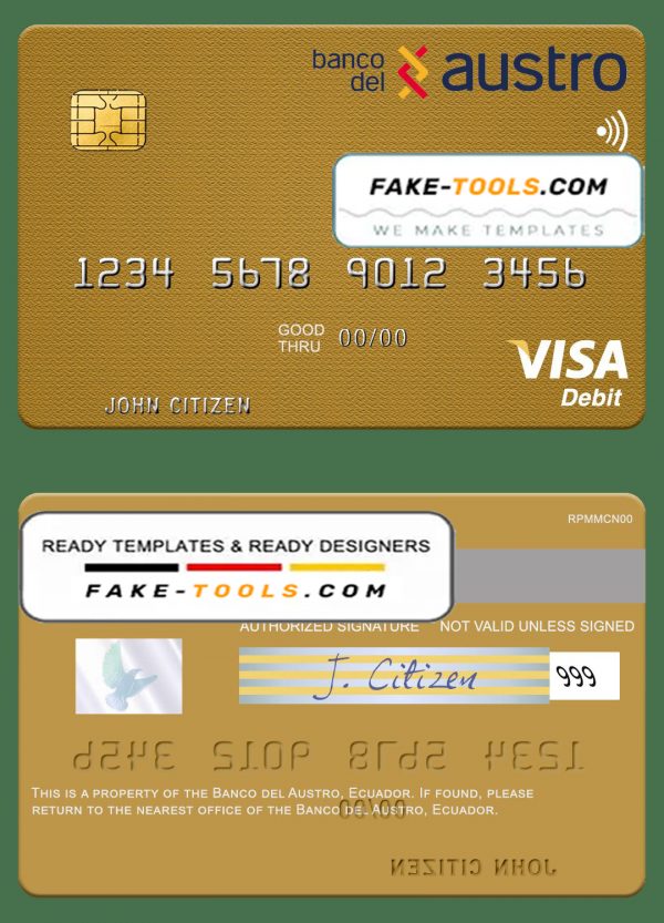 Ecuador Banco del Austro visa debit card mastercard template in PSD format