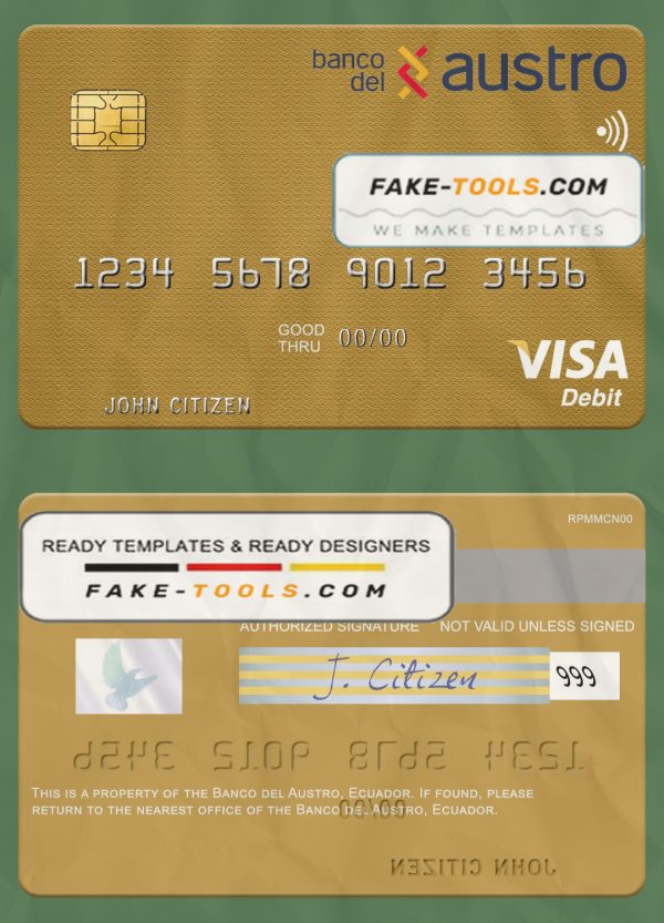 Ecuador Banco del Austro visa debit card mastercard template in PSD format