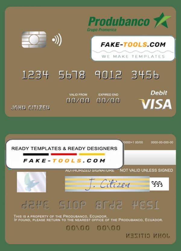 Ecuador Produbanco visa debit card template in PSD format