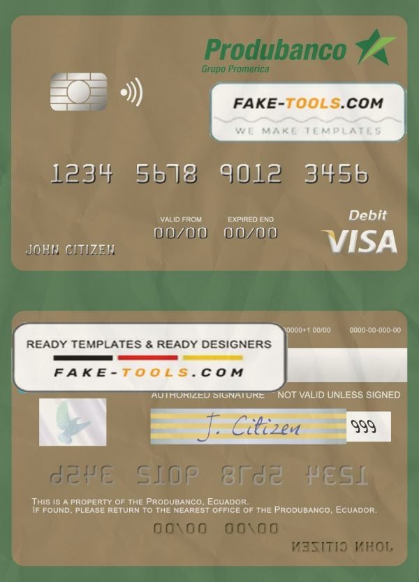 Ecuador Produbanco visa debit card template in PSD format