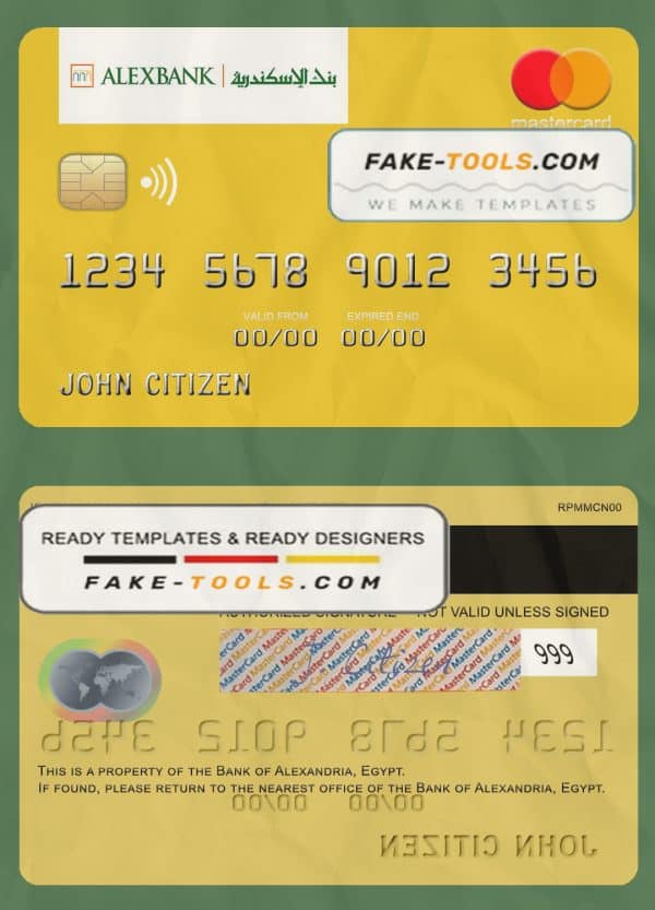 Egypt Bank of Alexandria mastercard template in PSD format