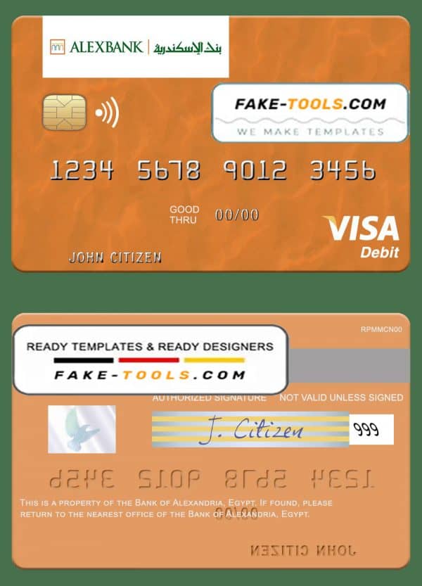 Egypt Bank of Alexandria visa debit card template in PSDÂ format