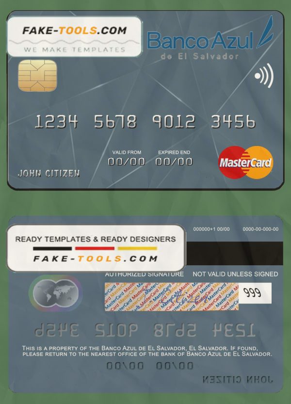 El Salvador Banco Azul de El Salvador mastercard template in PSDÂ format