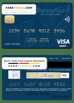 El Salvador Banco Azul de El Salvador visa debit card template in PSD format