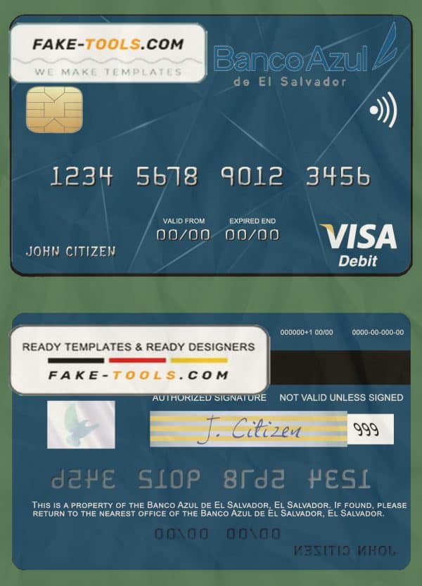 El Salvador Banco Azul de El Salvador visa debit card template in PSD format
