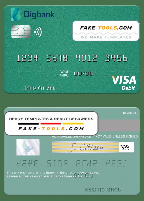 Estonia Bigbank visa debit card template in PSD format