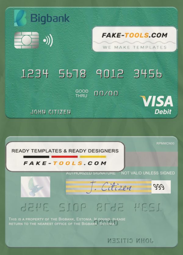 Estonia Bigbank visa debit card template in PSD format scan effect