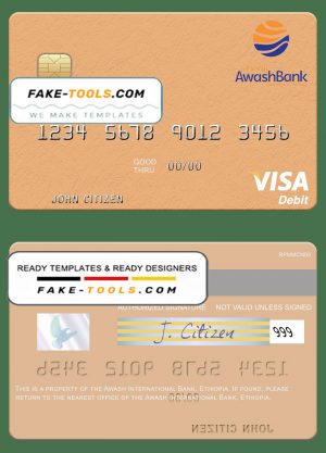 Ethiopia Awash International Bank visa debit card template in PSD format