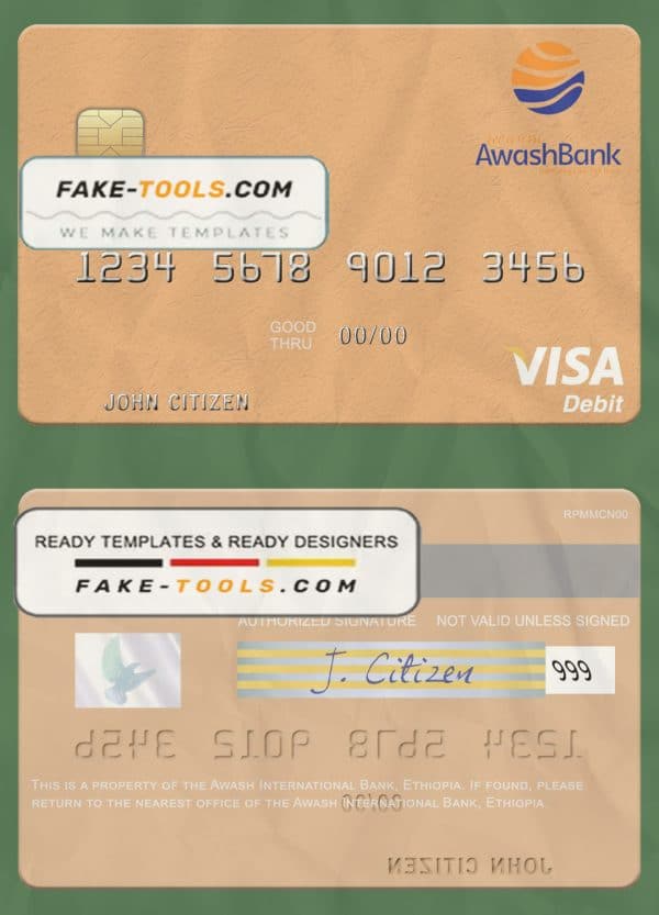 Ethiopia Awash International Bank visa debit card template in PSD format