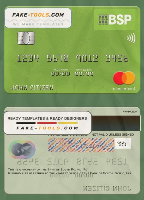 Fiji Bank of South Pacific mastercard credit card template in PSD format