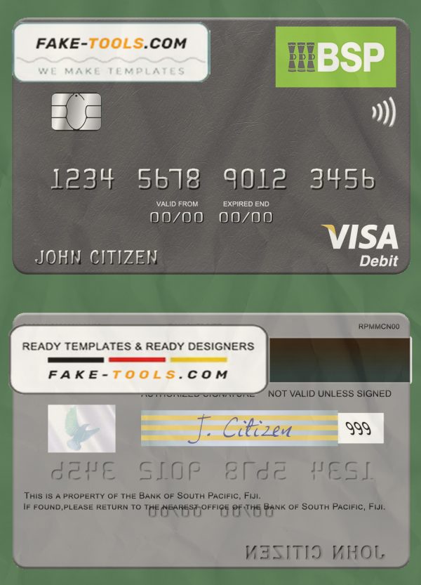 Fiji Bank of South Pacific visa debit card template in PSD format