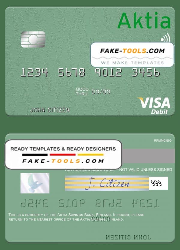 Finland Aktia Savings Bank visa debit card template in PSD format, fully editable