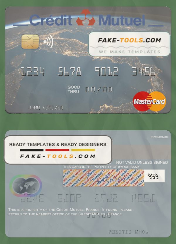 France Credit Mutuel Bank mastercard credit card template in PSD format