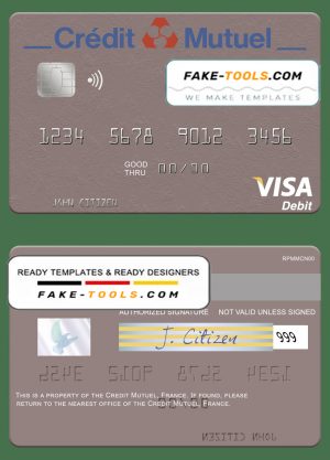 France Credit Mutuel Bank visa debit credit card template in PSD format