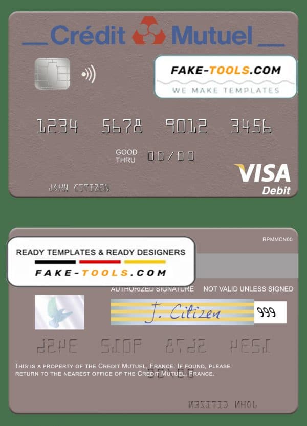 France Credit Mutuel Bank visa debit credit card template in PSD format
