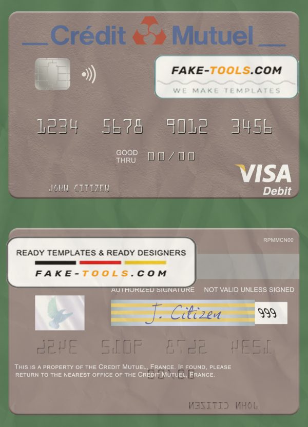France Credit Mutuel Bank visa debit credit card template in PSD format