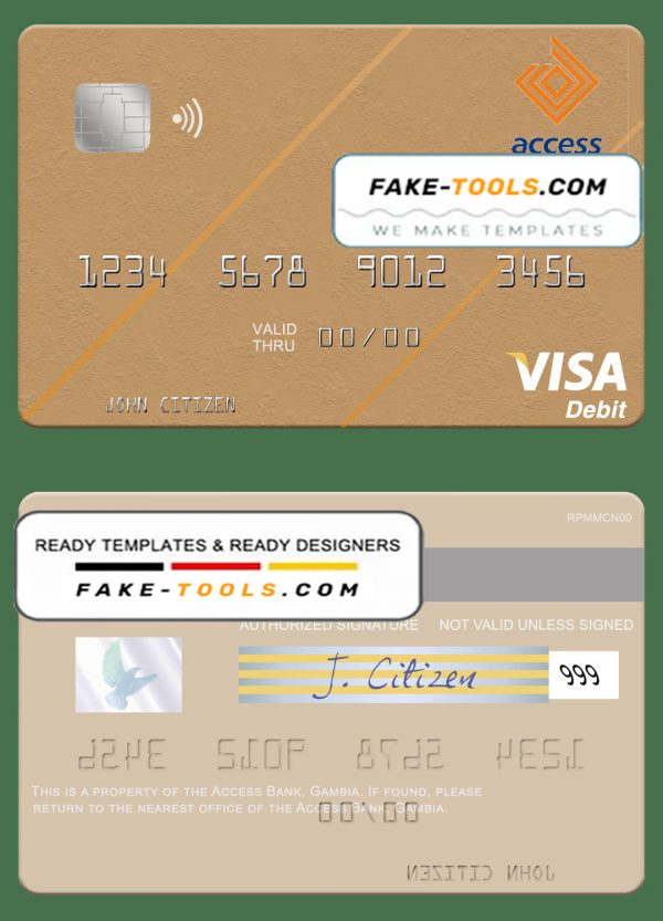 Gambia Access Bank visa debit card template in PSD format