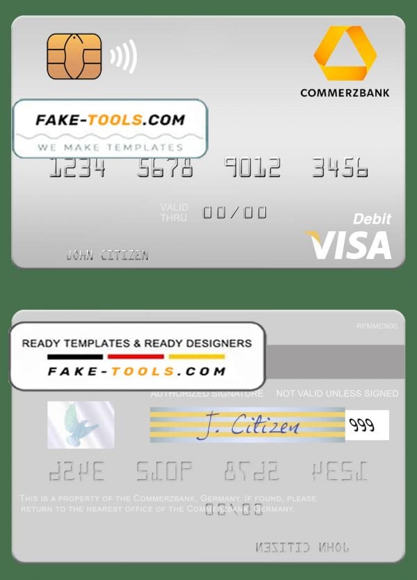 Germany Commerz Bank visa debit card template in PSD format