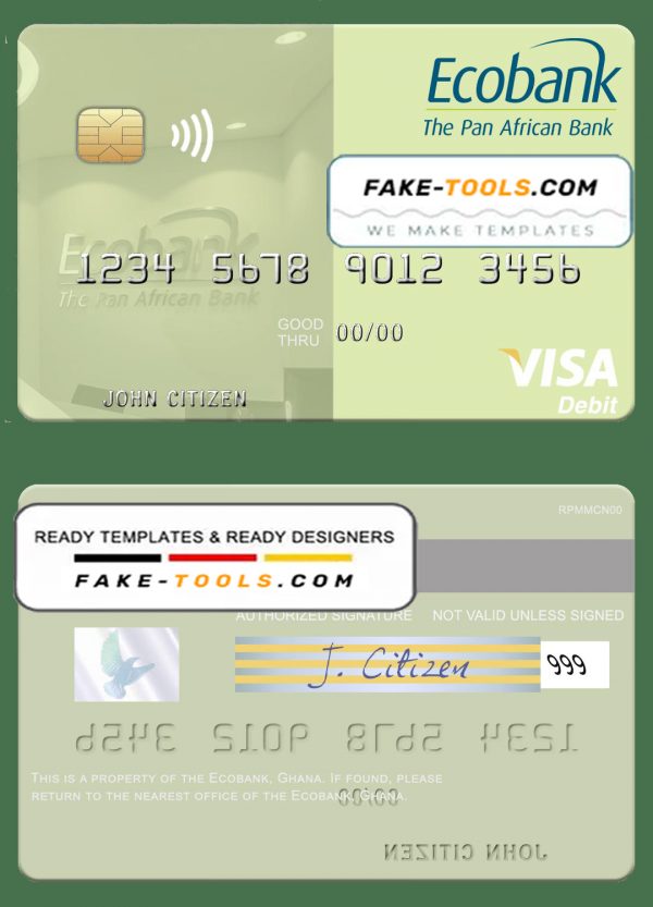 Ghana Ecobank Ghana visa debit card template in PSD format