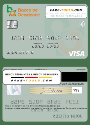 Honduras Banco de Occidente visa card template in PSD format, fully editable Honduras Banco de Occidente visa card template in PSD format, fully editable