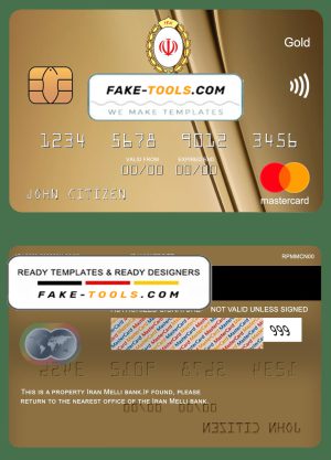 Iran Melli bank mastercard gold, fully editable template in PSD format