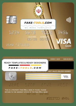 Iran Melli bank visa gold card, fully editable template in PSD format