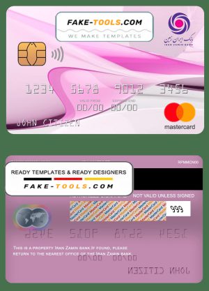 Iran Zamin bank mastercard, fully editable template in PSD format